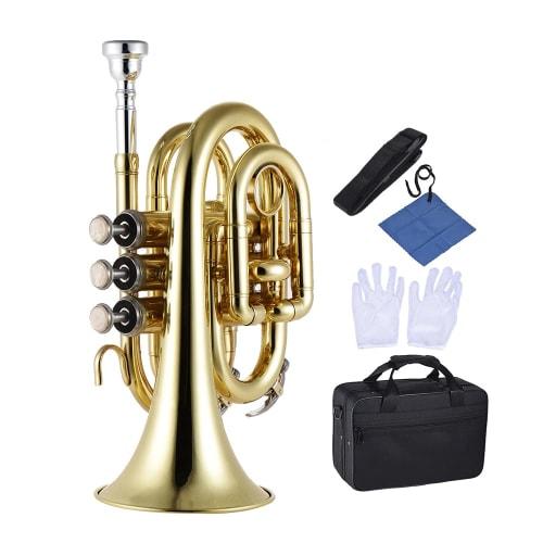 Juspins Mini Pocket Trumpet Bb Flat Brass Instrument with Mouthpiece Gloves, Cleaning Cloth, and Carrying Case