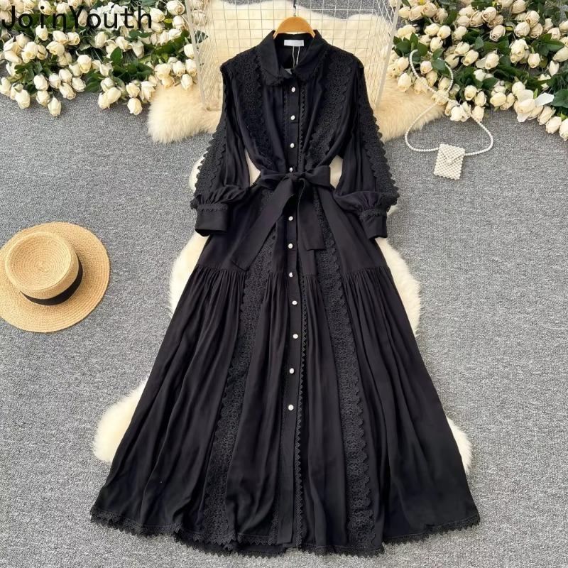 Bata Vintage para Mujer Cuello Vuelto Manga Linterna Vestido Encaje Vendaje Lazo Ajustado Gran Vuelo Vestidos Maxi Elegante Vestido Mujer