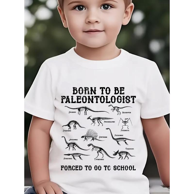 Boys Dinosaur Skeleton Crewneck Tee,  Born to Be Paleontologist  Cartoon Print Summer Outdoor Casual Short Sleeve Top 110 белый