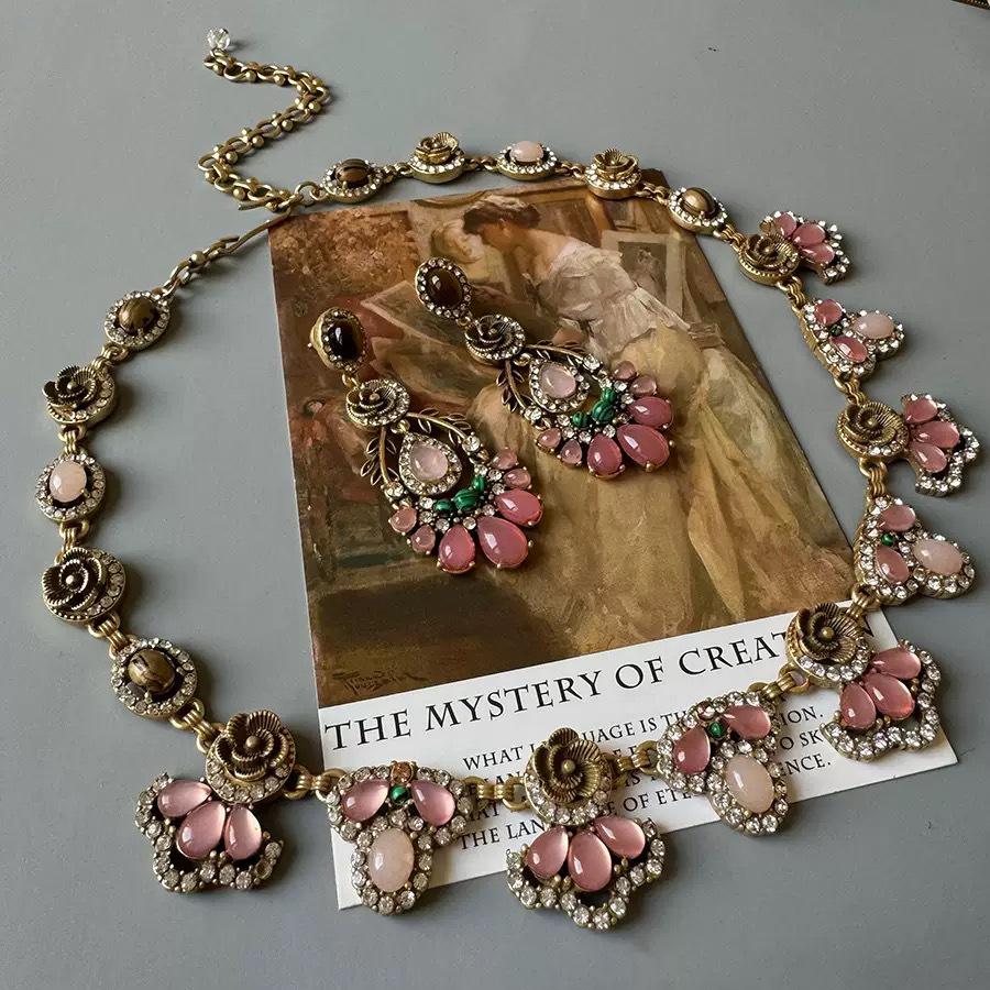 Pre-owned Vintage Retro Diamond-Encrusted Round Necklace & Clavicle Chain Set