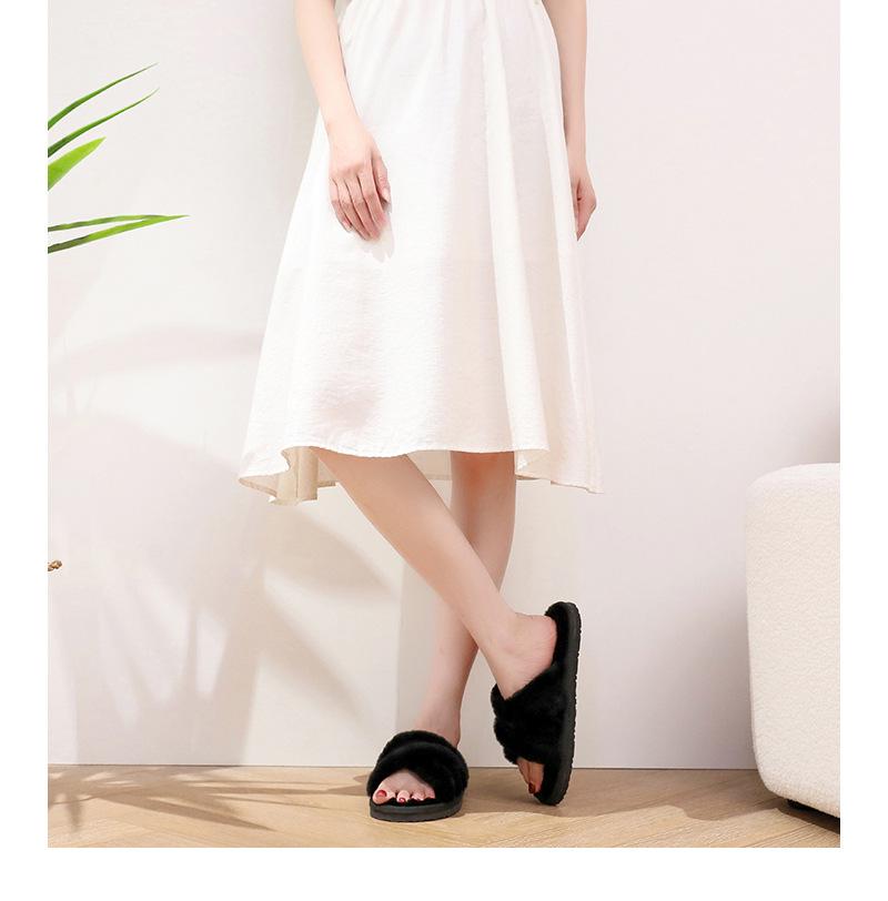 Women's Leather & Fur Cross Toe Flat Shoes - Cozy Autumn/Winter Versatile Thick-Soled Footwear for Home & Outdoor.