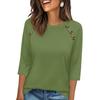 Women 34 Sleeve Crew Neck Button Solid T Shirt Top Comfortable Loose Fit Soft Fabric Casual Style Blouse for Daily Wear