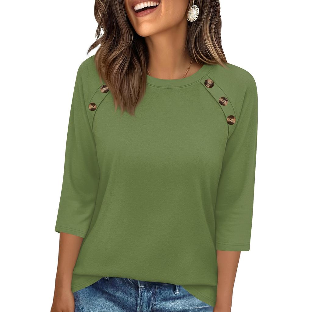 Women 34 Sleeve Crew Neck Button Solid T Shirt Top Comfortable Loose Fit Soft Fabric Casual Style Blouse for Daily Wear