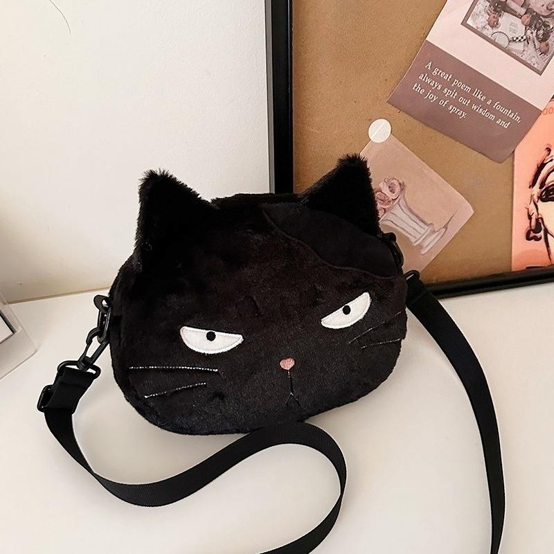 Chic Cute Cartoon Plush Cat Handbag Style Mini Crossbody Bag Personalized Cute Purse Cartoon Plush Soft Shoulder Bag чёрный