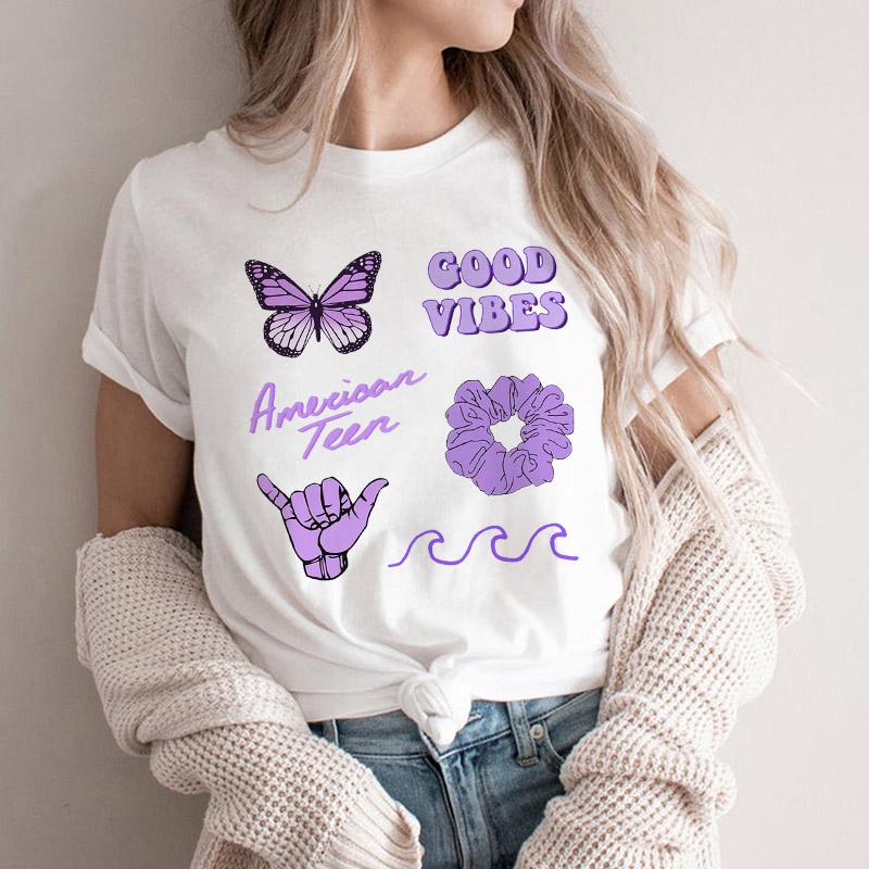 Women Tshirt Cartoon Purple Flower Floral 2025 Summer Spring T Shirt Female Clothes Graphic 90S Aesthetic Kawaii Tee Tops Lady