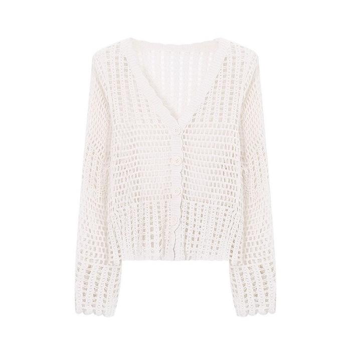 Seaside vacation style suit temperament waist suspender dress women's summer knitted hollow cardigan top two-piece set
