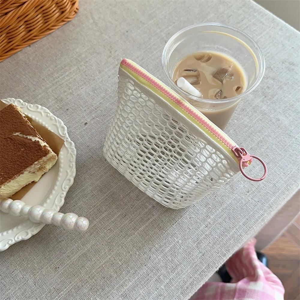 Small Transparent Mesh Coin Purse Bags Color Contrast Zipper Lipstick Cosmetic Small Storage Bag Keychain Earphone Bag Case