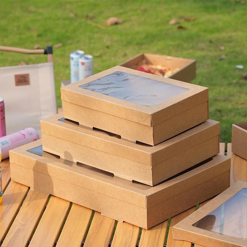 2pcs, Picnic Box With Window Lid, Outdoor Camping Style Kraft Paper Packaging Box, Baking Light Food Fruit Dessert Lunch Box