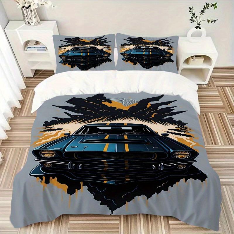 3pcs Muscle Car Racing 1Cover + 2Pillowcases, PillowInserts NotIncluded, Machine Washable, All - Season Use, Suitable for Bedroom Guest Room, 202