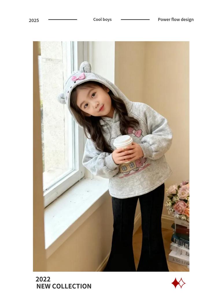 Çocuk Sonbahar/Kış 2025 Karikatür Fiyonklu Kapüşonlu Sweatshirt ve İspanyol Paça Pantolon Takımı