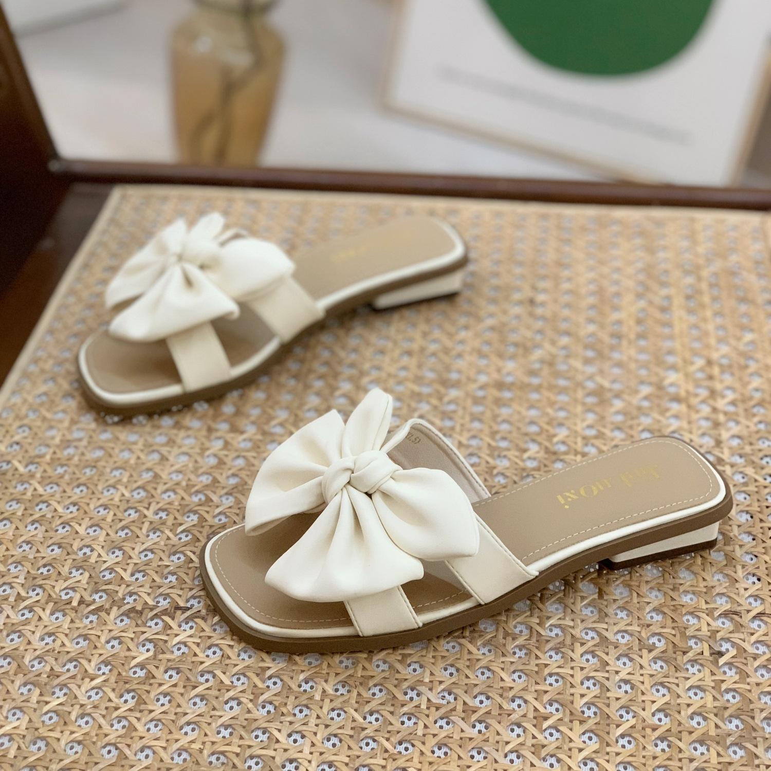 

Fashion Summer Women Slippers 2025 New Square Toe Open Toe Bow Sandal Breathable Casual Solid Color Fashion Women Slippers Zapatos Mujer 35 бежевый