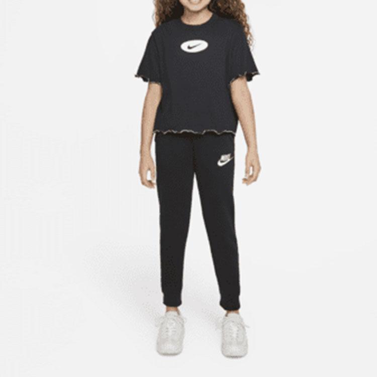 Nike Dri-FIT Color Block Logo Ruffled Hem Round Neck Short Sleeve T-Shirt Kids Tops Black DQ4392-010