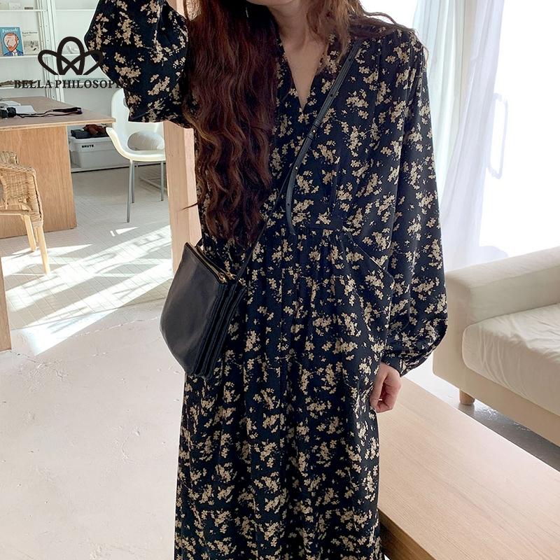 Retro elegantní květinové šaty s dlouhým rukávem, výstřihem do V, pro volný čas, dlouhé elegantní šaty s potiskem