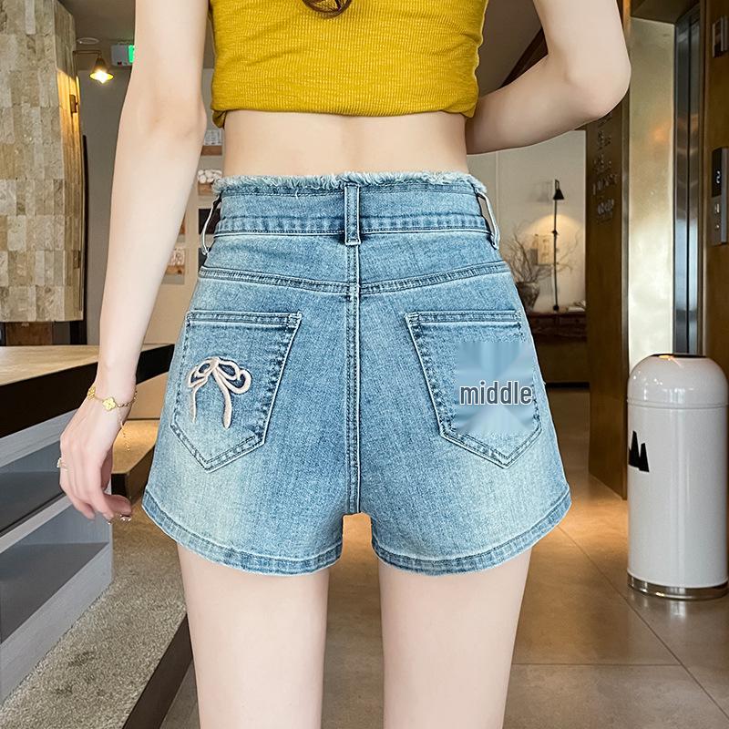 Sweet & Spicy Age-Defying Slim-Fit High-Waisted Denim Shorts with Bowknot Embroidery, Trendy A-Line Summer Straight-Leg Hot Pants for Women