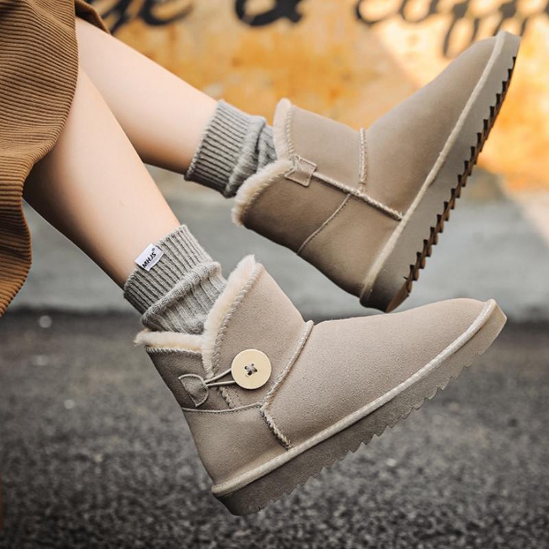 Fashion Winter Snow Boots 2025 New Classical Cow Leather Soft Soled Thick Plush Warm Round Head Women Boots Low Top Cotton Boots Women