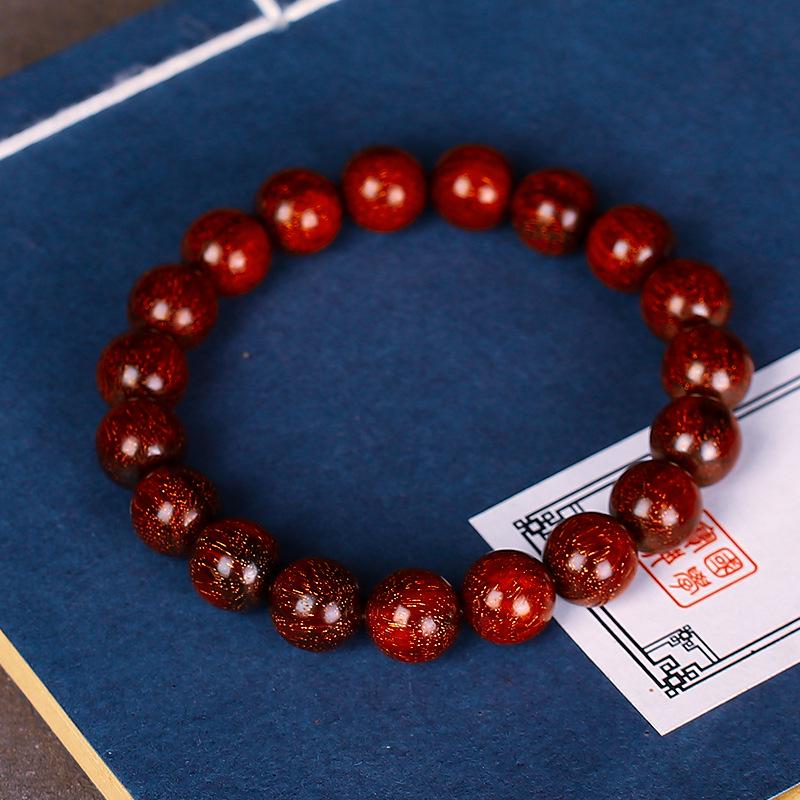 Zambia Blood Sandalwood Beads Bracelet: High-Density Small-Leaf Red Sandalwood with Gold Star Design, Prayer Beads.