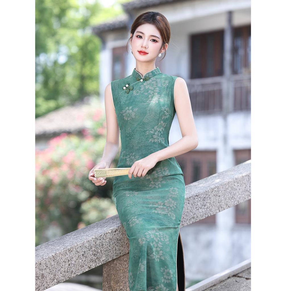 1011 Summer New Old Shanghai Green Sleeveless Retro Temperament Skinny Hong Kong Style Young Daily Casual Cheongsam Dress