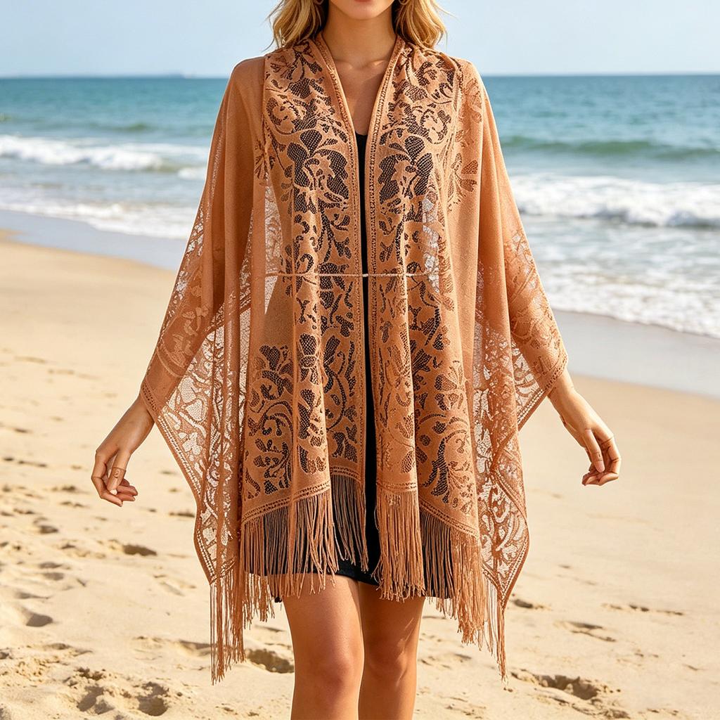 Women Lace Hollow Out Shawl Lightweight Sun Protection Cover Up Versatile Loose Fit Kimono Cardigan with Fringe Trim for Beach Travel and Vacation