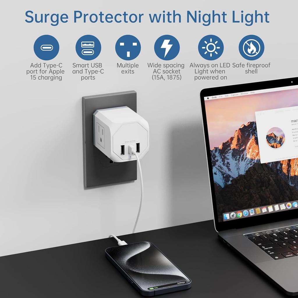 Multi Plug Outlet Extender 2 Pack, Small Electrical Outlet Splitter with 3 USB Ports (1 USB-C), Multi Outlet Plug in for Cruise Ship, Travel, Home,