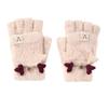 Girls Fingerless Gloves Keep Warm Cartoon Pattern Thickened Flip Top Gloves for Winter Beige