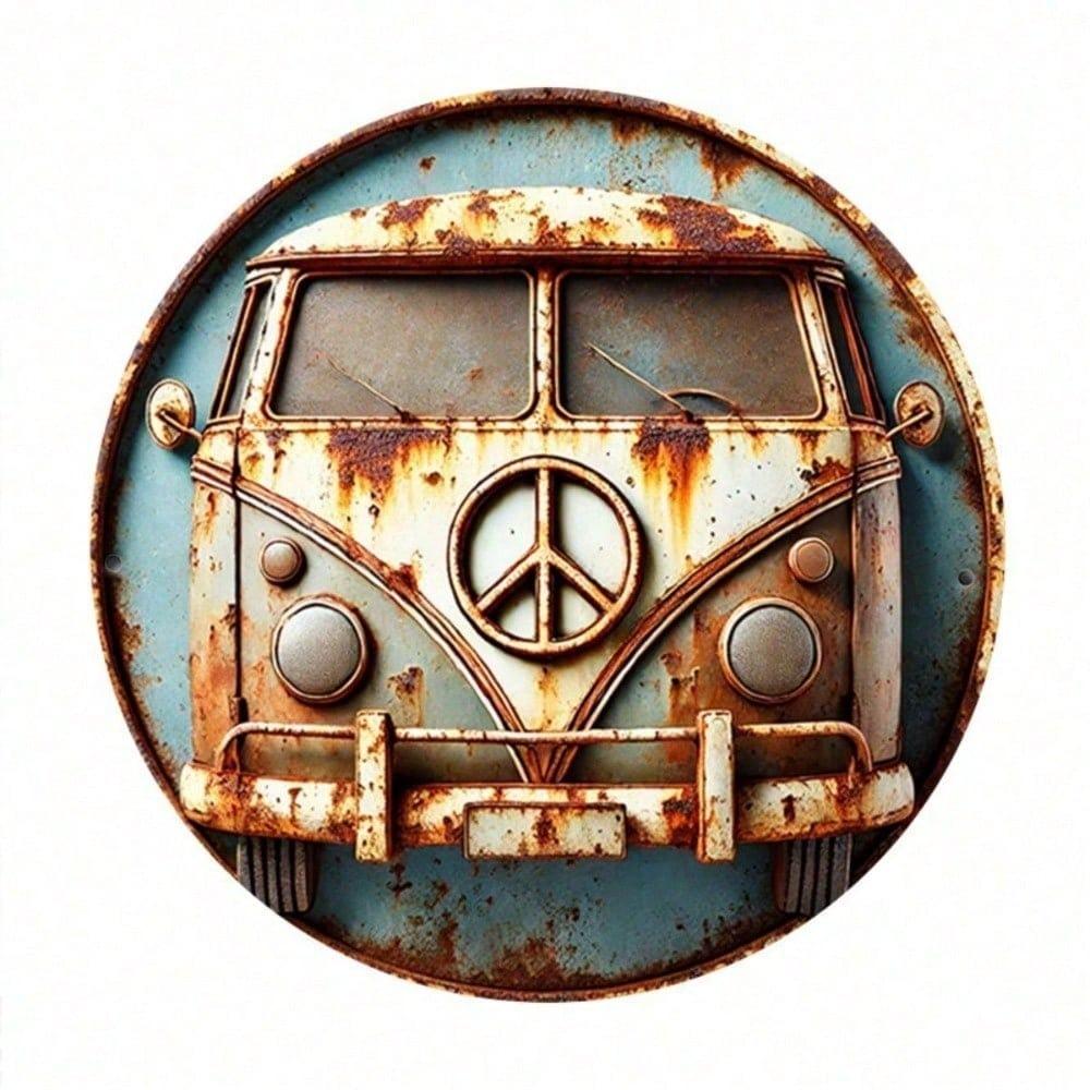 Iron Wall Art Vintage Camping Car Round Metal Sign Peace Symbol Home Decor Gift