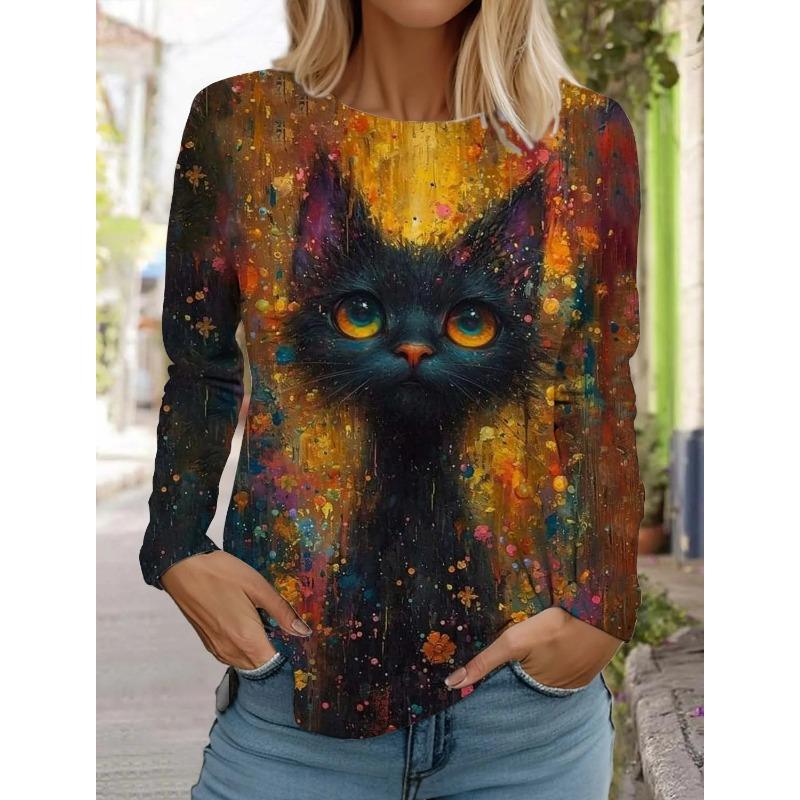 Spring and Autumn Round Neck Art Cute Cat Pattern 3D Printed Top Fashionable Casual Long Sleeved Women's T-shirts