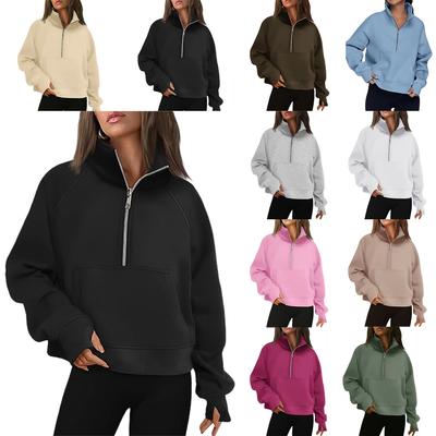 Stehkragen Lässige Sweatshirts Halbreißverschluss Damen Kurzer Pullover Daumenloch Übergroßer Hoodie Einfarbig Übergröße Sport-Outfit