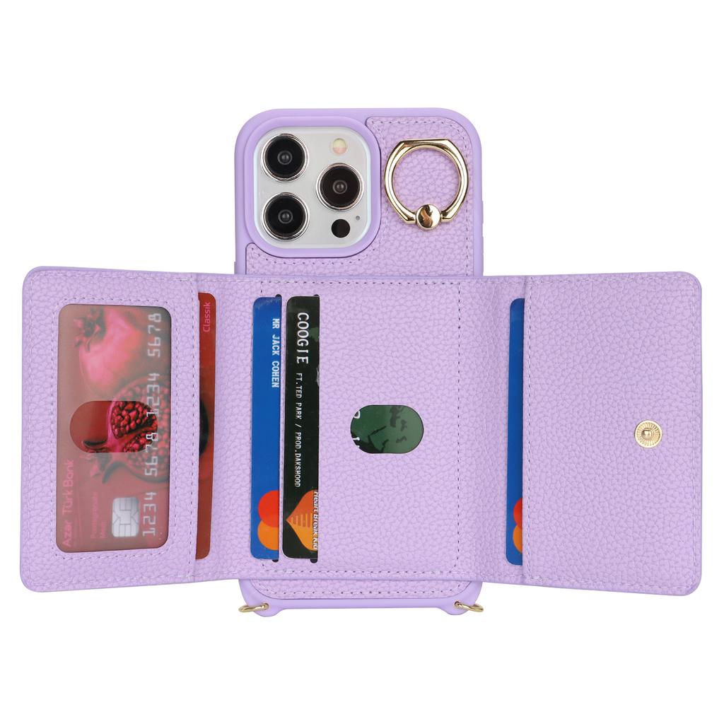 For iPhone 13 Pro Case Zipper Pocket Ring Kickstand PU Leather+TPU Phone Cover with Long Strap