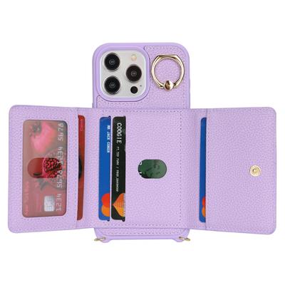 For iPhone 13 Pro Case Zipper Pocket Ring Kickstand PU Leather+TPU Phone Cover with Long Strap