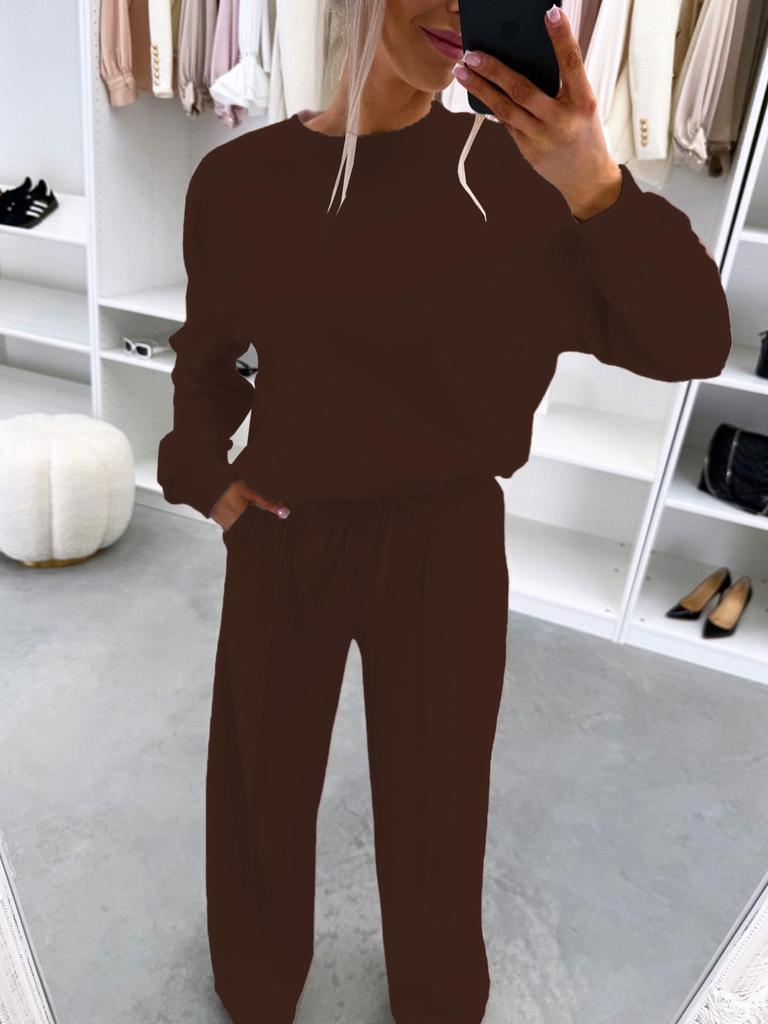 2026 Autumn/Winter European & American Style Casual Two-Piece Set: Drop Shoulder Long Sleeve Top & Ruched Long Pants