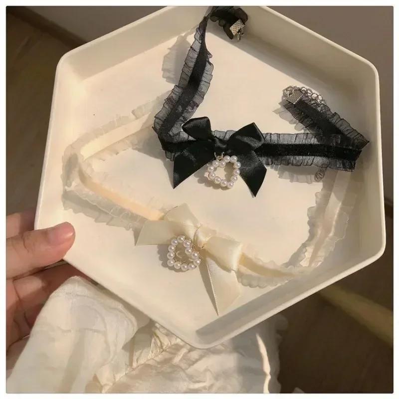 Black White Lace Necklace Vintage Ribbon Bow Gothic Heart Pendant Collar for Women Girls Sweet Lolita Jewelry 2024 New Choker
