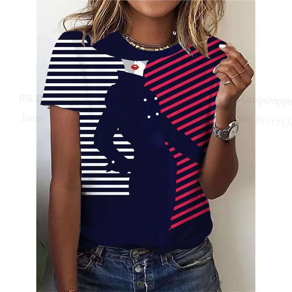 Summer Round Neck 3D Lady Face Graphic Print Top Fashionable Casual Short Sleeved Women's T-shirts