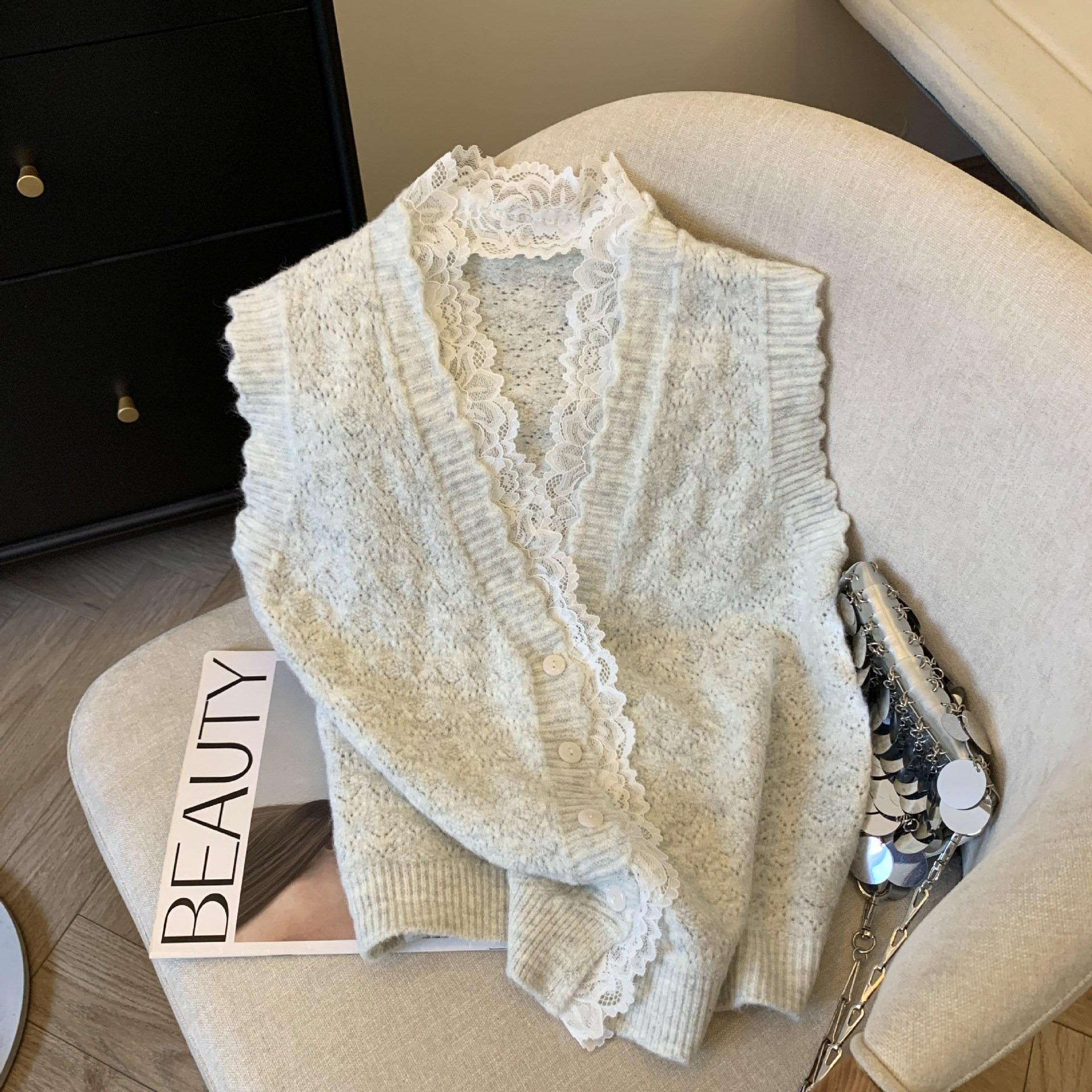 

Spring and Autumn Outerwear Sweater Tank Top V-neck Lace Edge Knitted Vest for Women S бежевий