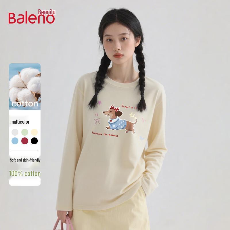 Baleno Women's Pure Cotton Long-Sleeve T-Shirt with Bow Puppy Print