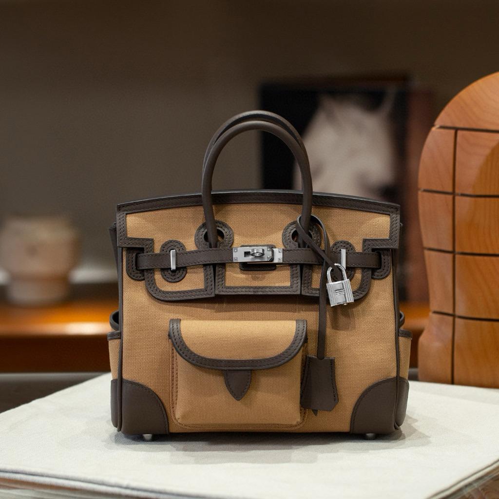 Swift Cowhide Patchwork Canvas Pocket Platinum Bag 25cm Color-blocked Handbag High-end One-shoulder Crossbody Women's Bag