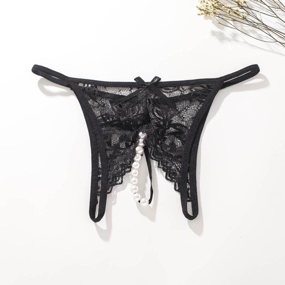 1Pcs Ladies Lace Panties Women Erotict Opening Crotch Thongs G-string Lingerie Sexy Underwear With Pearls Massaging Bead Briefs
