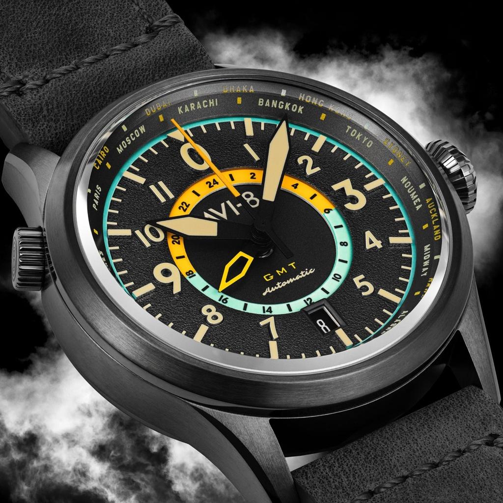 AVI-8 Flyboy Wingman Worldtimer GMT tropický šedý ciferník automatický AV-4120-04 pánské hodinky s extra páskem