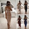 Sequined Slim Fit Gown Lady Evening Dress Off Shoulder Sleeveless Sequin Irregular Formal Hem Calf