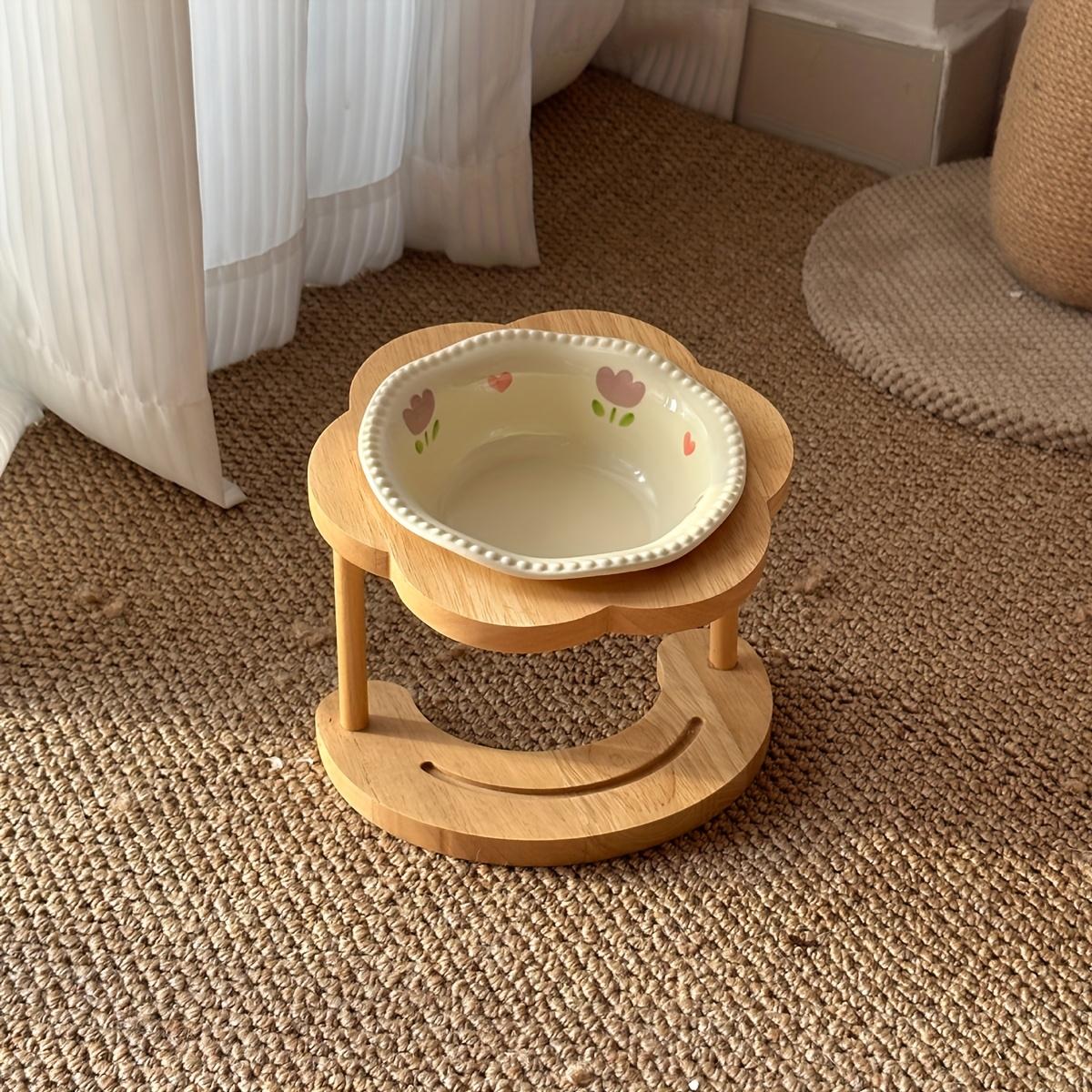 Ceramic Lace Cat Feeder with High-footed Wooden Stand Pet Bowls Protect Cervical Spine Ceramic Cats Dogs Dishes Pet Accessories