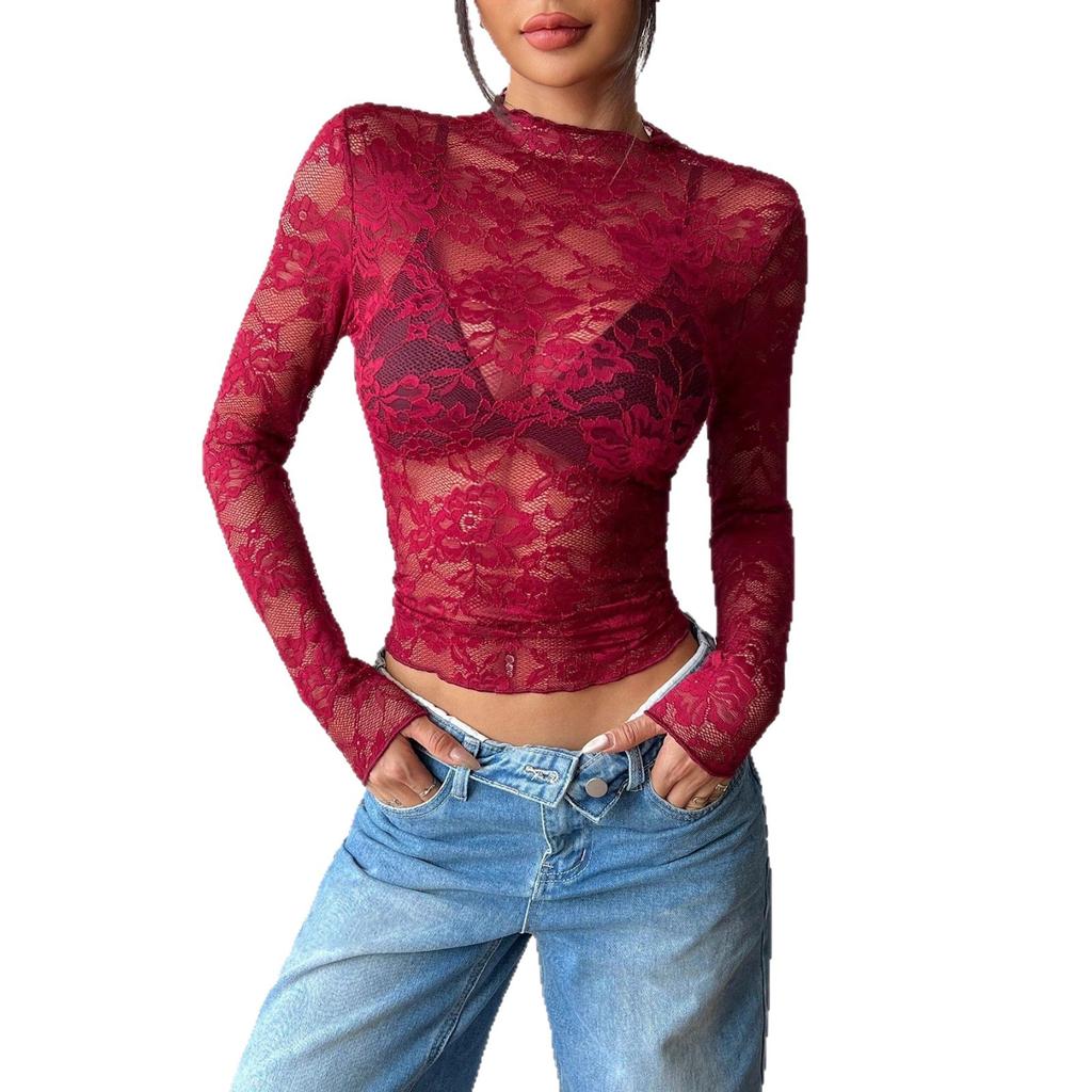 Ins Spring Sexy Single Layer Long Sleeve Slim Fit Lace Top Base Layer Fashion Daily Basic Office Lady Casual Slim Fit Ladies Elegant Long Sleeve Top