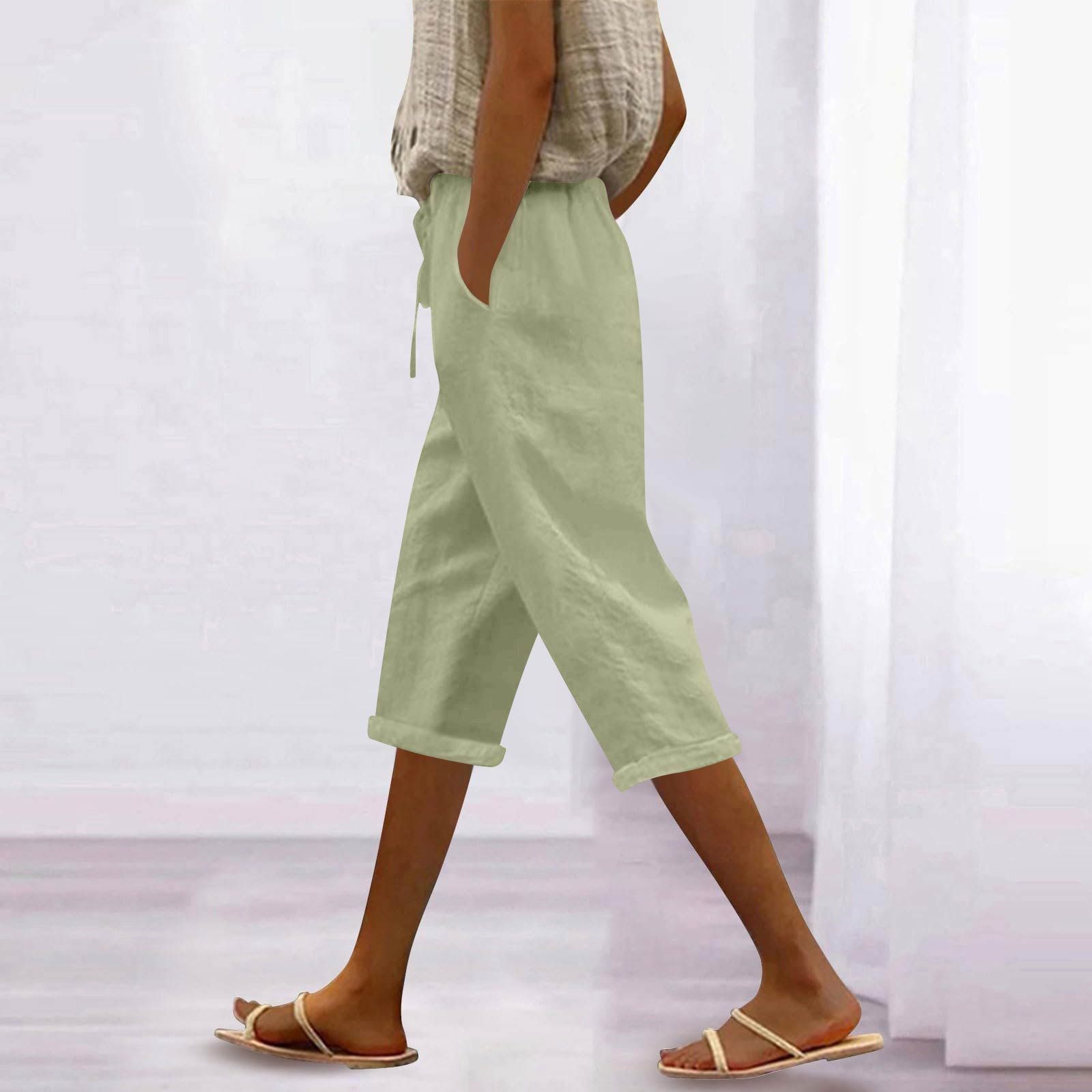 

Women s Fashionable Casual Loose-Fit -Colour Cotton-Linen Blend Elasticated Waist Tie-Waist 7/10 Pants XXXL