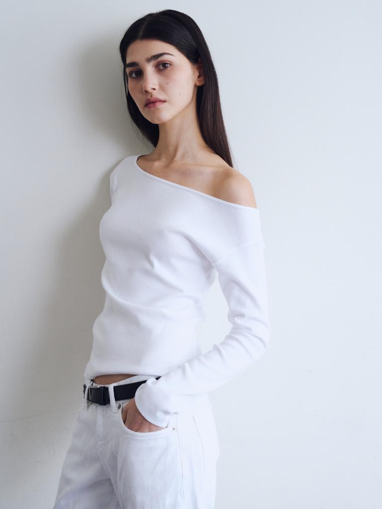 Weibeuyunion One Shoulder Soft Rib Long Sleeve Top White