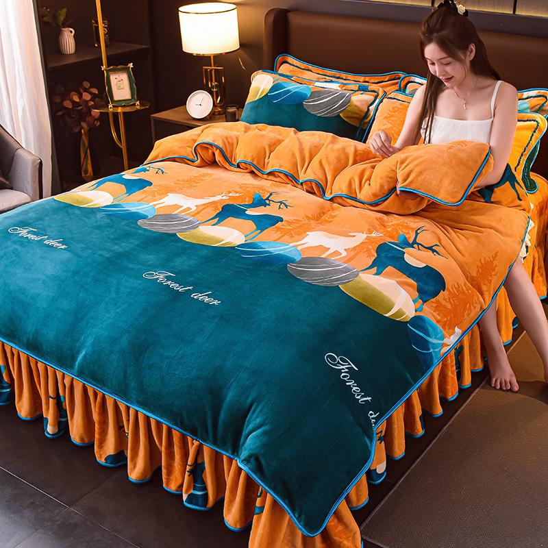 Thickened Milk Fleece Four-Piece Coral Fleece Quilt Cover, Bed Sheet Fleece Double-Sided Fleece Flannel Bedding, Bed Skirt
