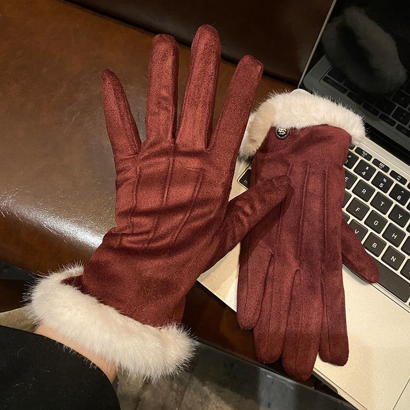 Suede Brown Plush Gloves Women's Autumn and Winter Thickened Plush Warm and Cold Outdoor Riding Gloves