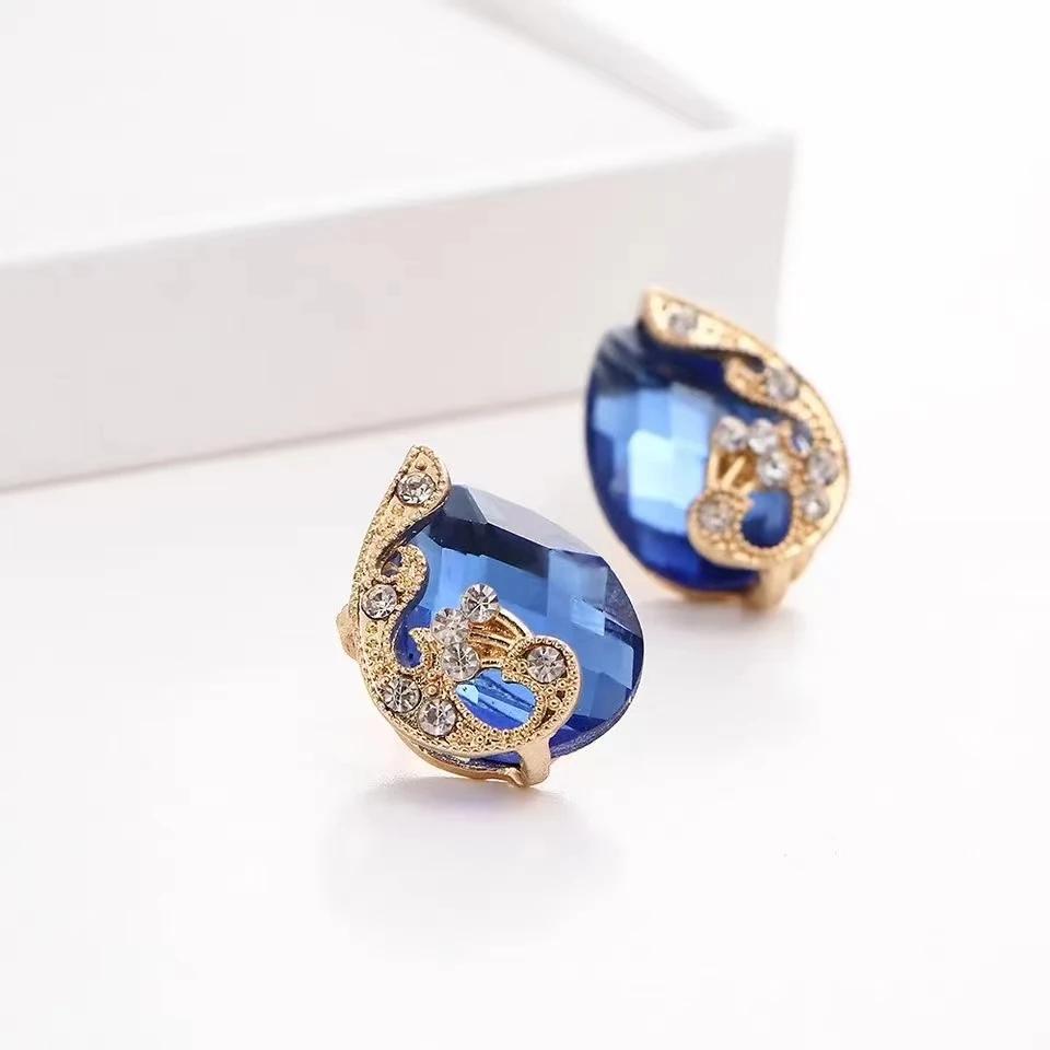 3PCS Peacock Gemstone Lady Jewelry Set Temperament Shiny Crystal Waterdrop Necklace Hoop Earring Ring Gold Color Evening Jewelry