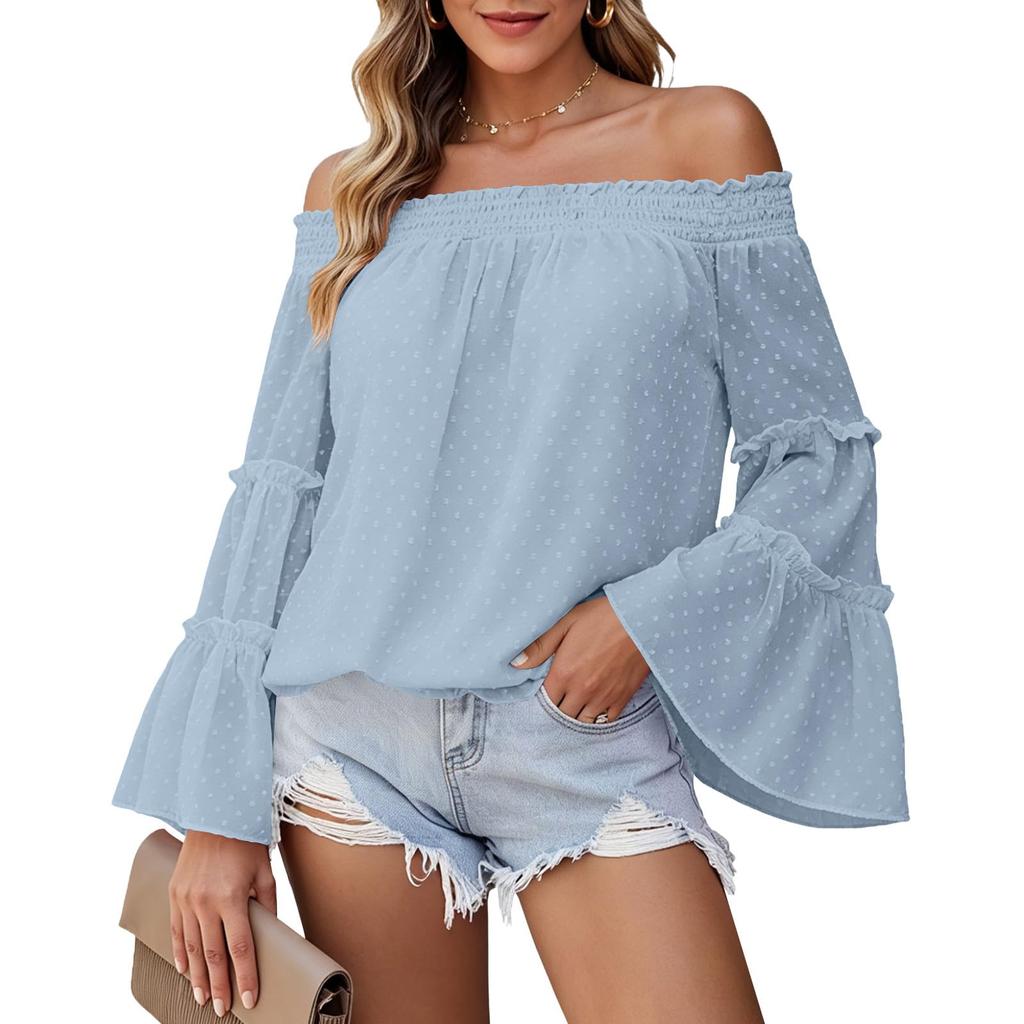 Women Off Shoulder Blouse Long Bell Sleeve Casual Loose Fit Lightweight Top with Smocked Neckline and Ruffle Detail