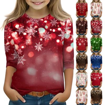 Christmas Day Print Tops For Youth Girls 4-11 Years Round Neck 3/4 Sleeves T-Shirts Trendy Tops Outfit Tees