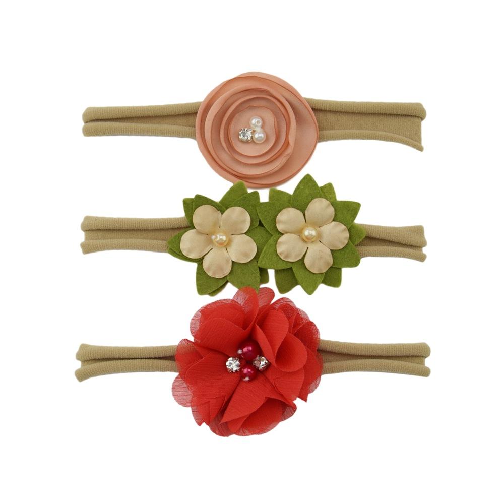 Children'S Nylon Headband Three-Piece Elastic Soft Headband Green Flower Headgear Versatile Head Flower Set