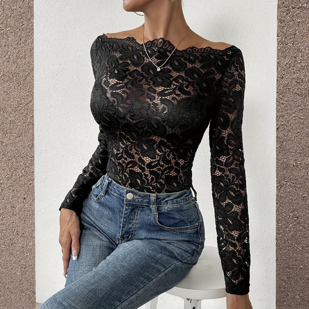 Women's Off,Shoulder Single,Layer Lace Slim Fit T,Shirt Long,Sleeved Top