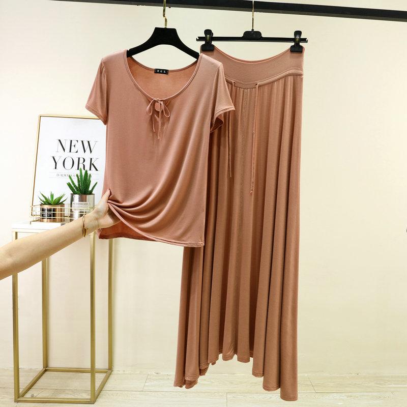 Damen Sommer Modal Schlafanzug Sets Übergröße M bis 6XL Krawattenhals Kurzarm T-Shirt und Kordelzug Hoher Bund Langer Rock Lässige Mode 2-teiliges Set
